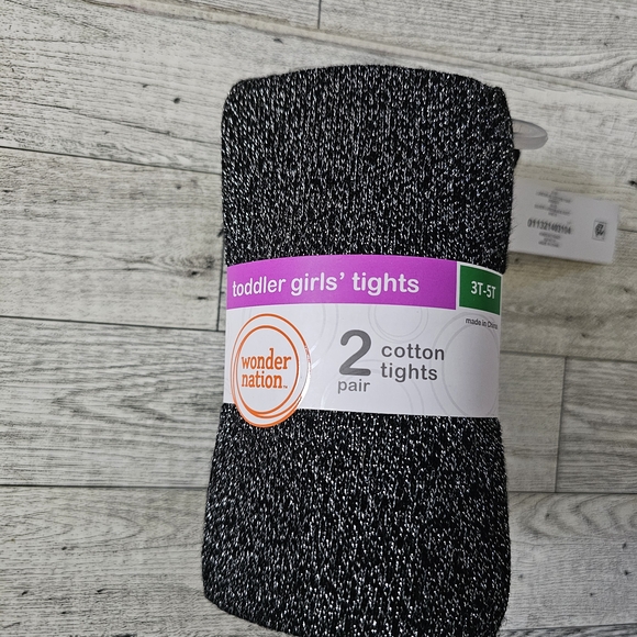 Wonder Nation Toddler Girl's 2 Pack Of Cotton Tights Black/Black Silver - Picture 1 of 4
